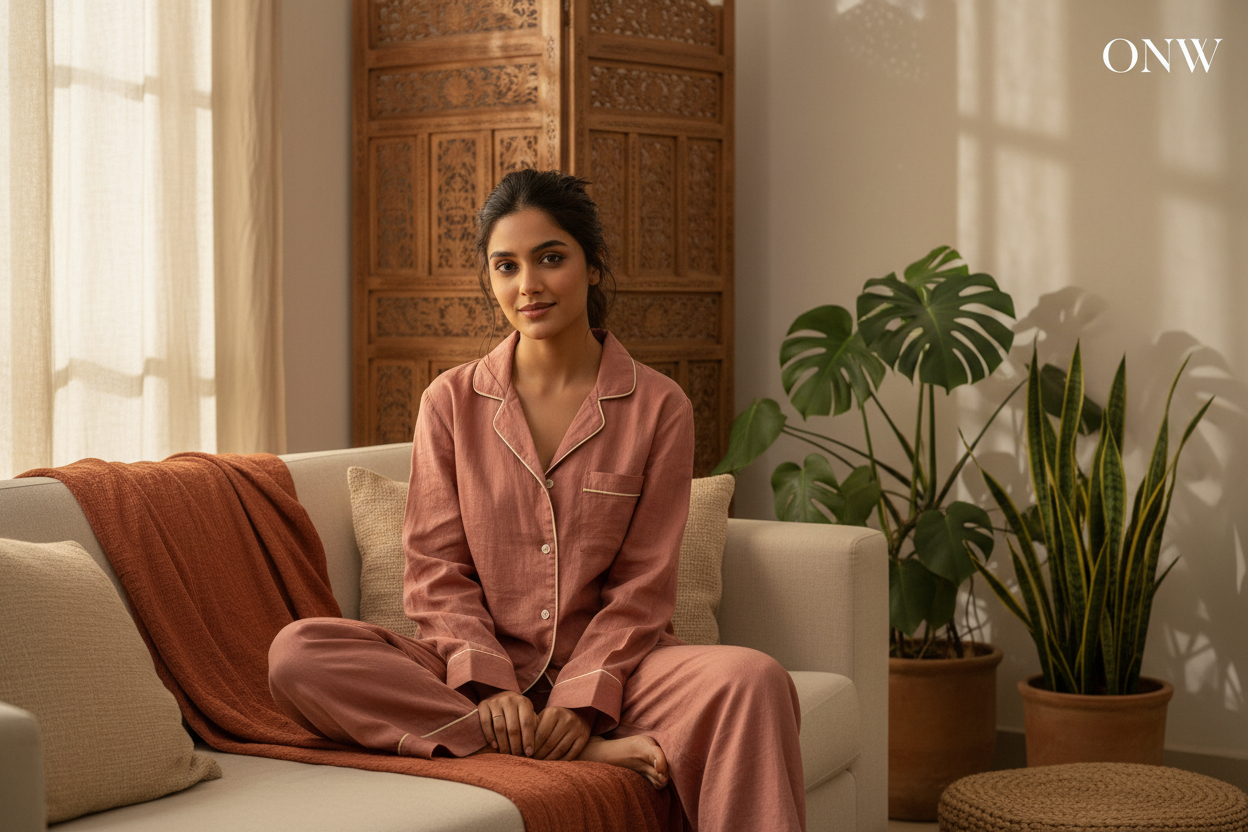 Generate a cover photo with a girl in a comfort wear with natural fabrics with semi indian colors, vibes and aesthetic looks, still match with brand colors and have a brand logo somewhere. looks Eye catchy.