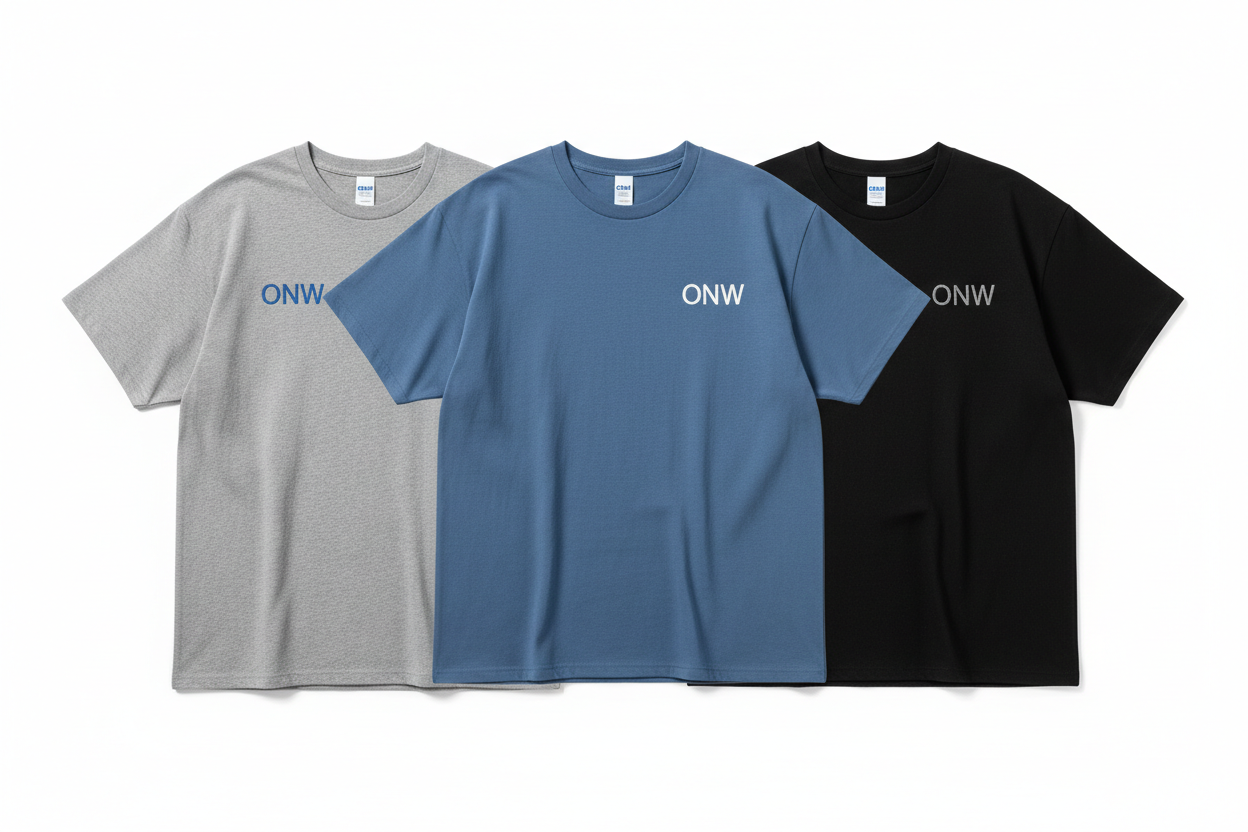 three set of organic cotton relaxed fit tees in grey, blue and black  colors with ONW embroidery on left top with contrast color